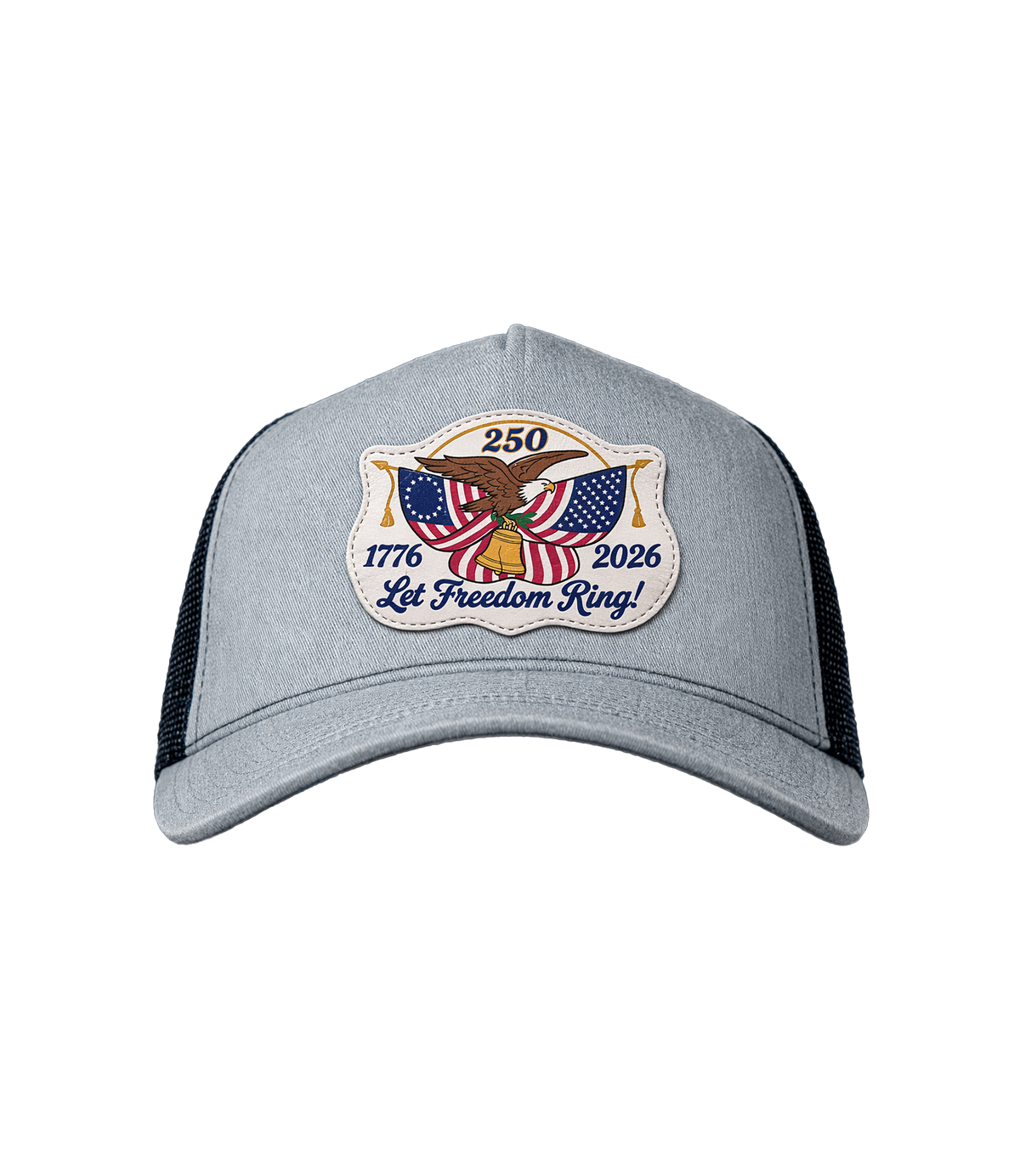 The Alex Jones Store - Gray heather America 250 'Let Freedom Ring' trucker hat with embroidered eagle, flag and Liberty Bell patch