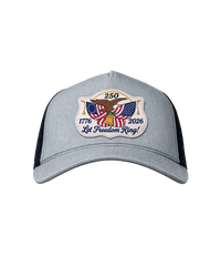 The Alex Jones Store - Gray heather America 250 'Let Freedom Ring' trucker hat with embroidered eagle, flag and Liberty Bell patch