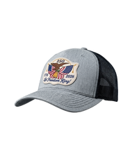 The Alex Jones Store - Side view of gray and black America 250 'Let Freedom Ring' patch trucker hat with eagle and dual flag design