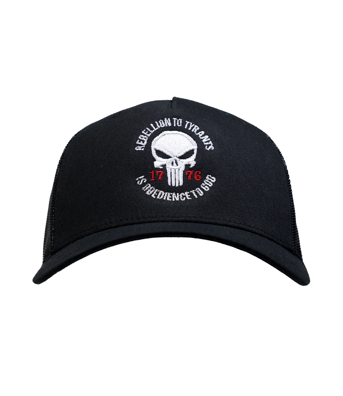 The Alex Jones Store - Black trucker hat with embroidered Punisher skull and '1776' reading 'Rebellion To Tyrants Is Obedience To God'