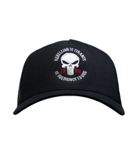 The Alex Jones Store - Black trucker hat with embroidered Punisher skull and '1776' reading 'Rebellion To Tyrants Is Obedience To God'