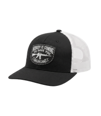 The Alex Jones Store - Side angle of black and white Nobody Is Coming To Save You trucker hat showing pre-curved visor and white mesh back panel