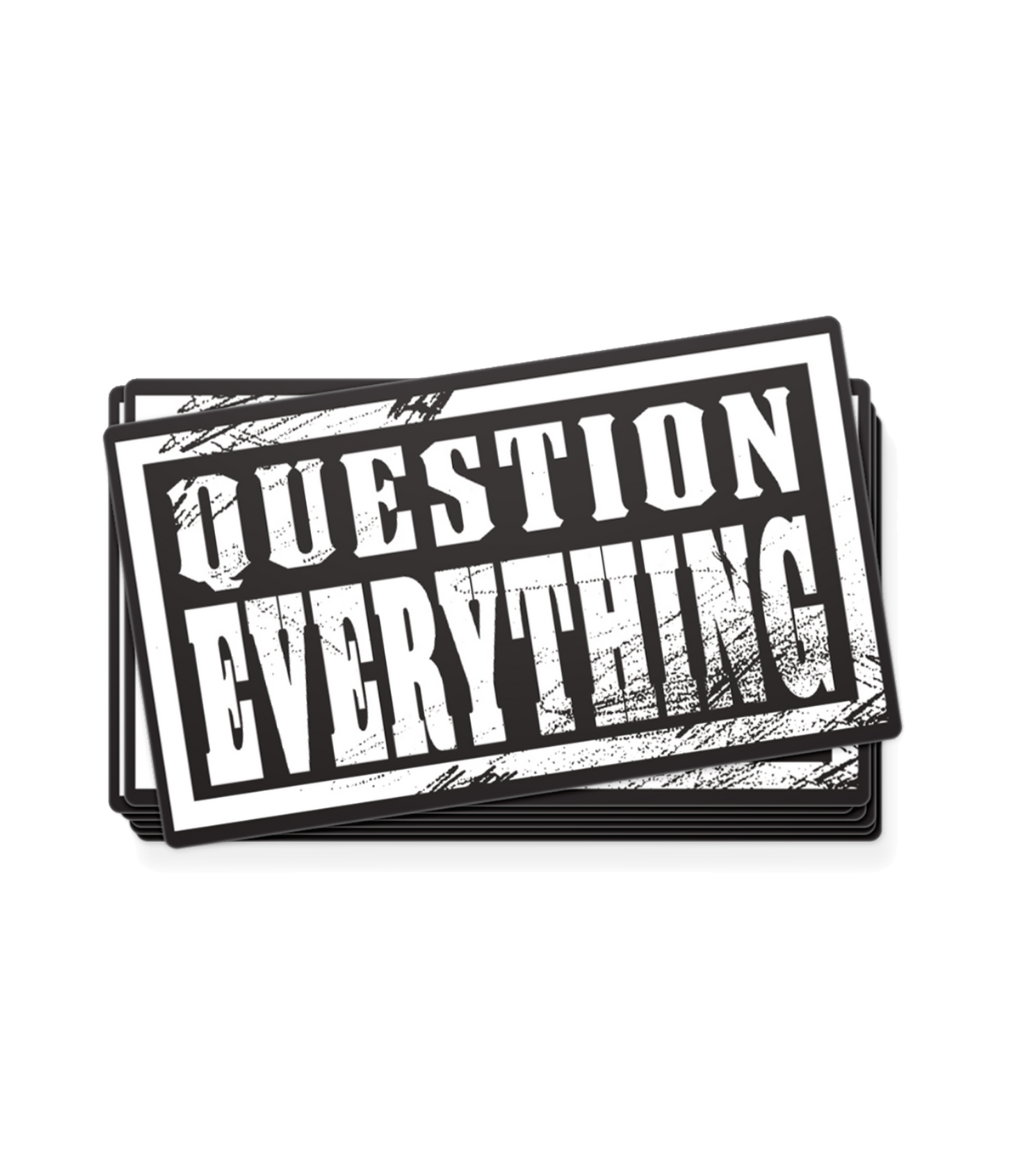 The Alex Jones Store - Black and white grunge-style 'Question Everything' vinyl decals stacked in rectangular shape