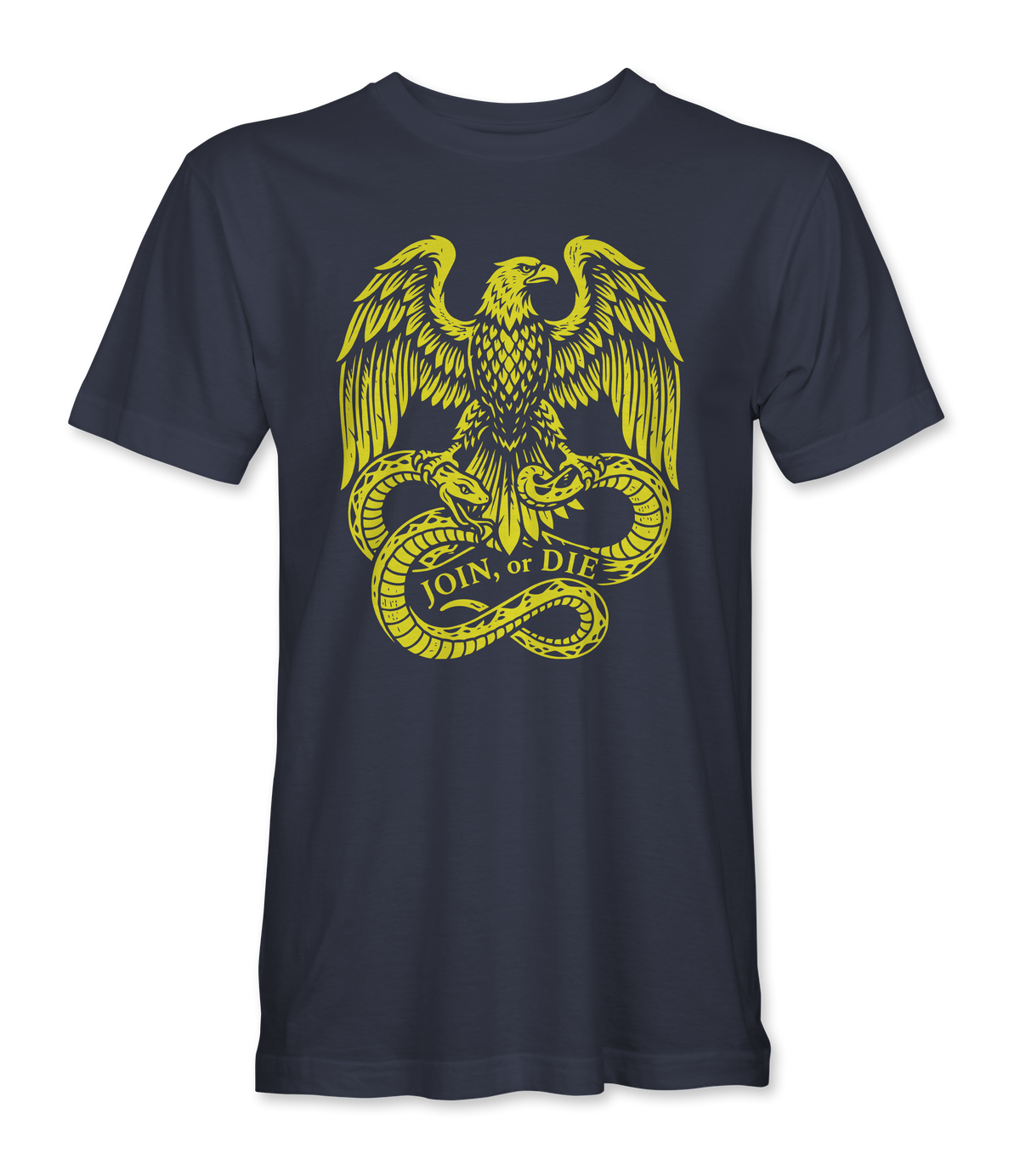The Alex Jones Store - Front of navy Join Or Die Eagle t-shirt with gold woodcut eagle gripping two snakes above a JOIN or DIE banner