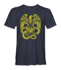 The Alex Jones Store - Front of navy Join Or Die Eagle t-shirt with gold woodcut eagle gripping two snakes above a JOIN or DIE banner