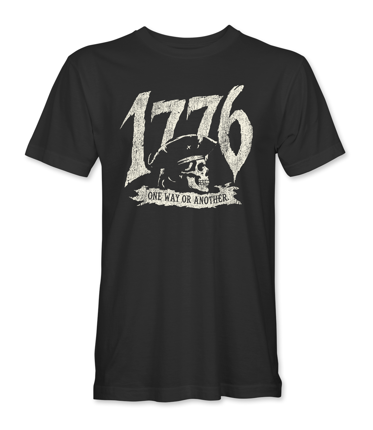 The Alex Jones Store - Front of black 1776 One Way Or Another t-shirt with distressed skull between the numerals and banner below