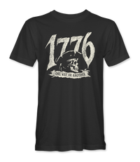 The Alex Jones Store - Front of black 1776 One Way Or Another t-shirt with distressed skull between the numerals and banner below