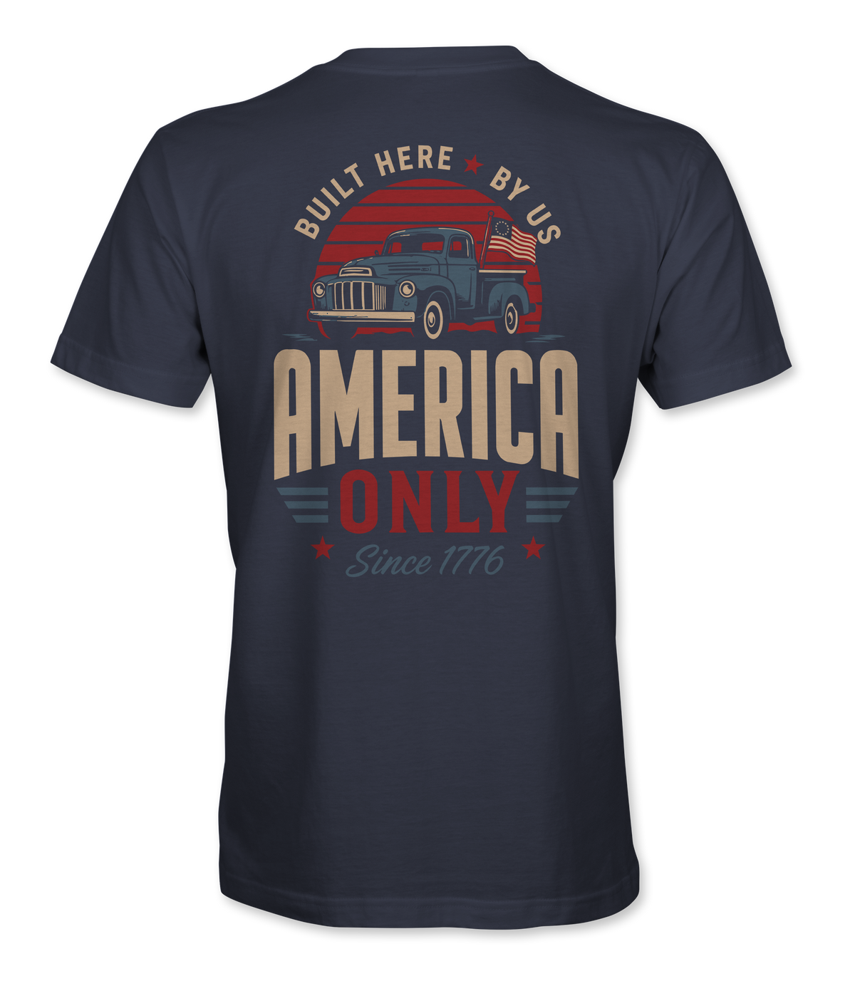 The Alex Jones Store - Back of navy America Only Built Here By Us t-shirt with vintage pickup truck, Betsy Ross flag and striped sunset