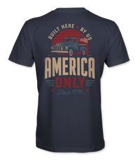 The Alex Jones Store - Back of navy America Only Built Here By Us t-shirt with vintage pickup truck, Betsy Ross flag and striped sunset