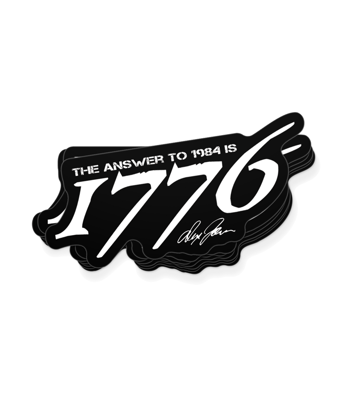 The Alex Jones Store - Black die-cut vinyl decal reading 'The Answer To 1984 Is 1776' in white grunge type with Alex Jones signature