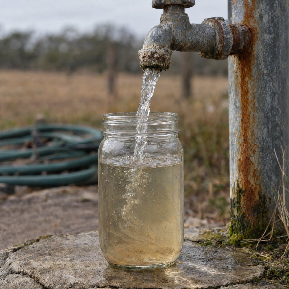 An old well spigot running into a glass jar, the water faintly cloudy