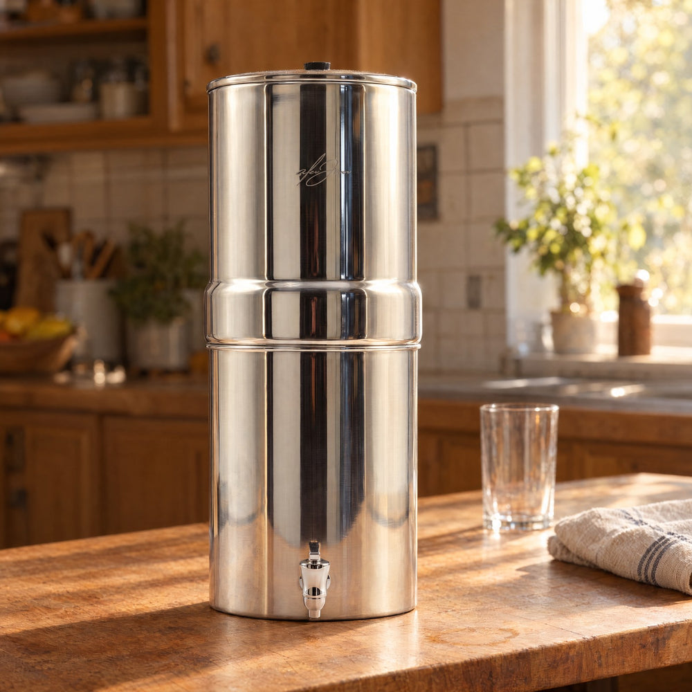 The stainless steel two-chamber gravity water filter on a kitchen counter