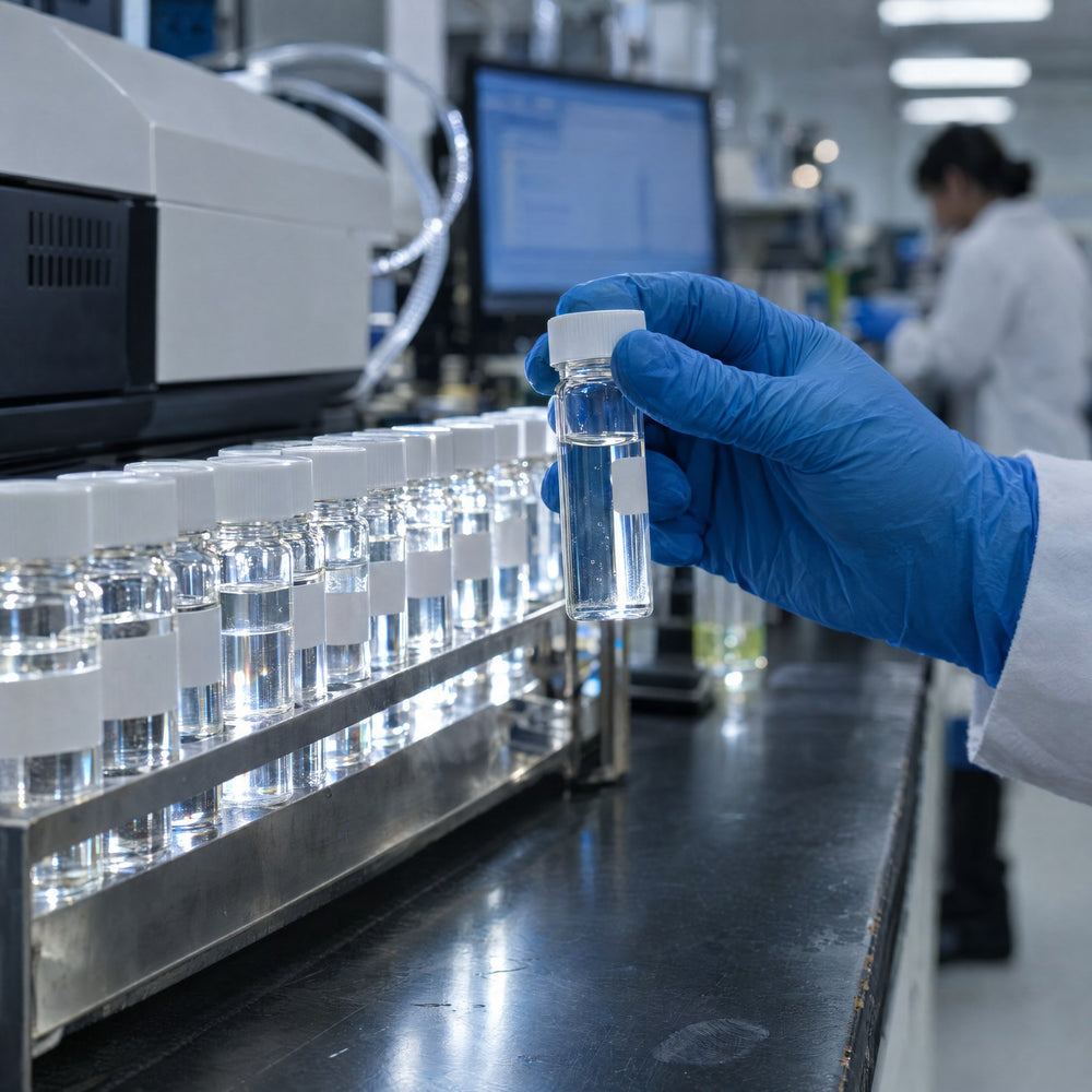 Water sample vials in a rack on a laboratory bench