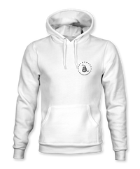 The Alex Jones Store - Don't Tread On Me Hoodie — White pullover hoodie front view with small black Gadsden snake circle logo on left chest, drawstring hood