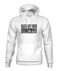 The Alex Jones Store - White pullover hoodie with black 'Question Everything' grunge stamp logo and RealAlexJones.com text on chest